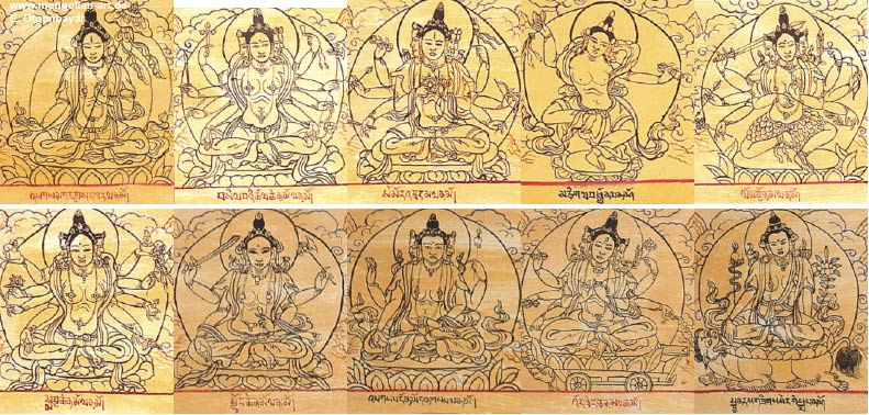 Ausdrucksstärke der Kunstwerke trotz der strengen Regeln des Kanons für die Ikonographie der unzähligen Gestalten des lamaistischen Pantheons erreicht wurde, in dem auch viele vorlamaistische Gottheiten ihren Platz gefunden hatten. Lediglich bei der Gestaltung der Bildhintergründe und bei Porträts lamaistischer Würdenträger waren gewisse Freiheiten gestattet. Die meisten dieser Bilder finden sich auf den „Tempel- fahnen, nach dem tibetischen Wort als tanka „Thangka“ bezeichnet, aber auch die ersten und letzten Seiten