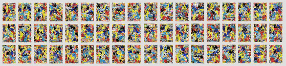 Cabinet of Curiosities: 54 pictures with about 1000 stamps by OtGO 2022-2024, consists of 54 equal-sized single paintings, ink and acryl on original Stamps, each measuring 210 by 148  mm (A5)