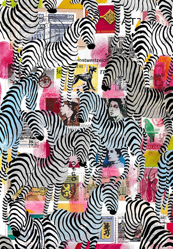 Wunderkammer Zebras 12 by OtGO 2023-2024, consists of 24 equal-sized single paintings, acryl on original Stamps, each measuring 210 by 148 mm (A5)