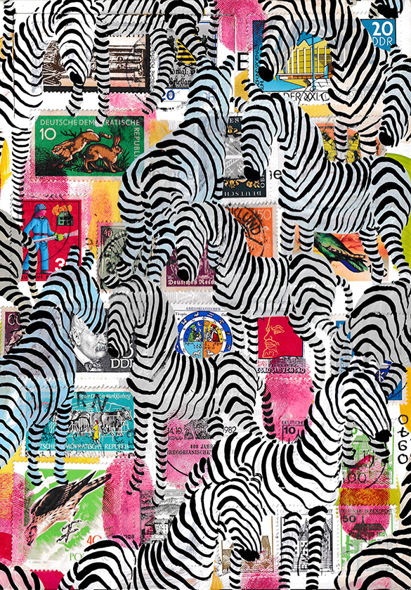 Wunderkammer Zebras 13 by OtGO 2023-2024, consists of 24 equal-sized single paintings, acryl on original Stamps, each measuring 210 by 148 mm (A5)