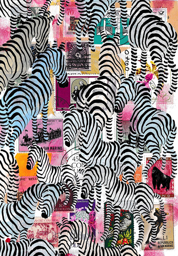 Wunderkammer Zebras 16 by OtGO 2023-2024, consists of 24 equal-sized single paintings, acryl on original Stamps, each measuring 210 by 148 mm (A5)