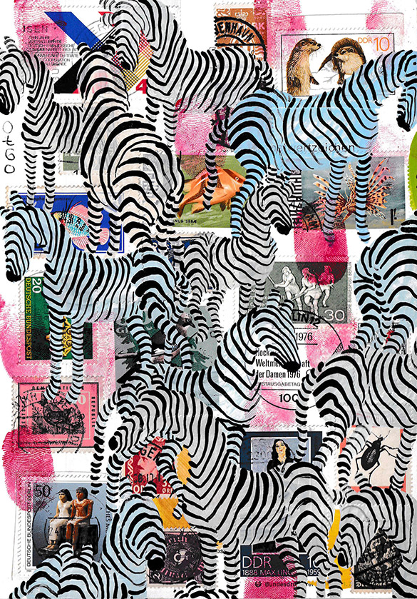 Wunderkammer Zebras 1 by OtGO 2023-2024, consists of 24 equal-sized single paintings, acryl on original Stamps, each measuring 210 by 148 mm (A5)