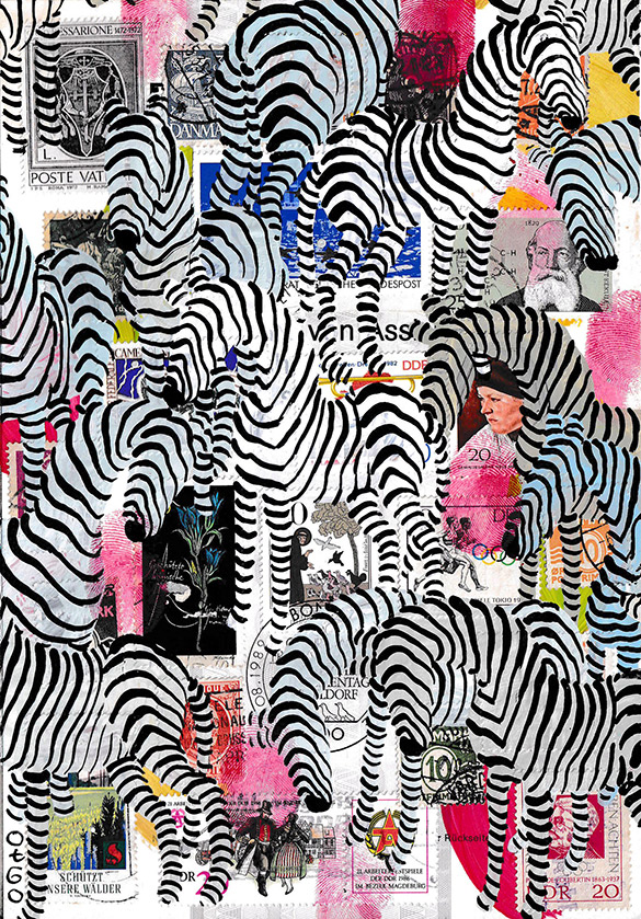 Wunderkammer Zebras 22 by OtGO 2023-2024, consists of 24 equal-sized single paintings, acryl on original Stamps, each measuring 210 by 148 mm (A5)