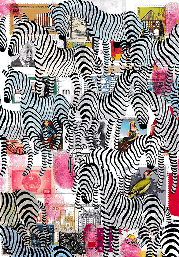 Wunderkammer Zebras 6 by OtGO 2023-2024, consists of 24 equal-sized single paintings, acryl on original Stamps, each measuring 210 by 148 mm (A5)