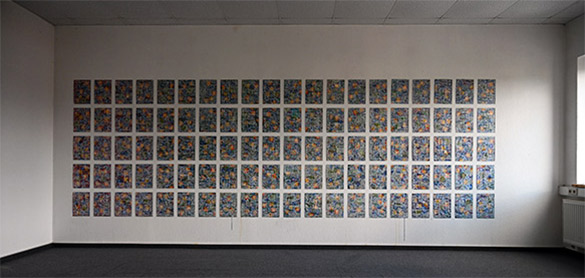 Wunderkammer: 100 pictures with about 6000 stamps by OtGO 2023-20024, consists of 100 equal-sized single paintings, Acryl on original Stamps, black A4 paper, each measuring 210 by 297 mm