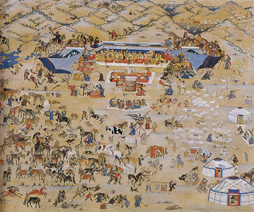 One Day in Mongolia: Summer by Marzan Sharav 1905-1913, Tempera on cotton 138 cm x 177 cm "Монголын нэг өдөр: Зун" 1905-1913 он. Даавуу, шороон будаг.  138 см x 177 см