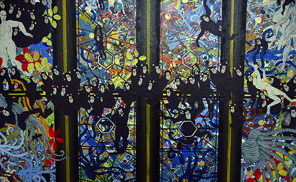 Cathédrale des Trois Grâces by OtGO 2014-2024, ink, acryl on canvas. 200 x 75 cm