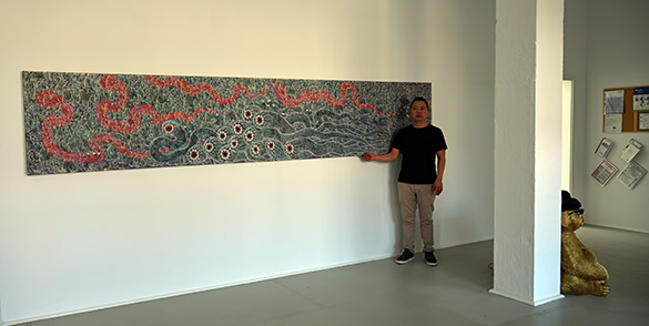 Mongolian Death Worm by OtGO 2023, acryl on canvas 75 x 400 cm. Detailed view: Mongolian Death Worm - Олгой хорхой