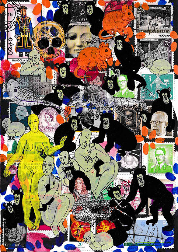 Cabine of Curiosities Apes 13 by OtGO 2024-2025, ink and acryl on original Stamps, 210 x 148  mm (A5)
