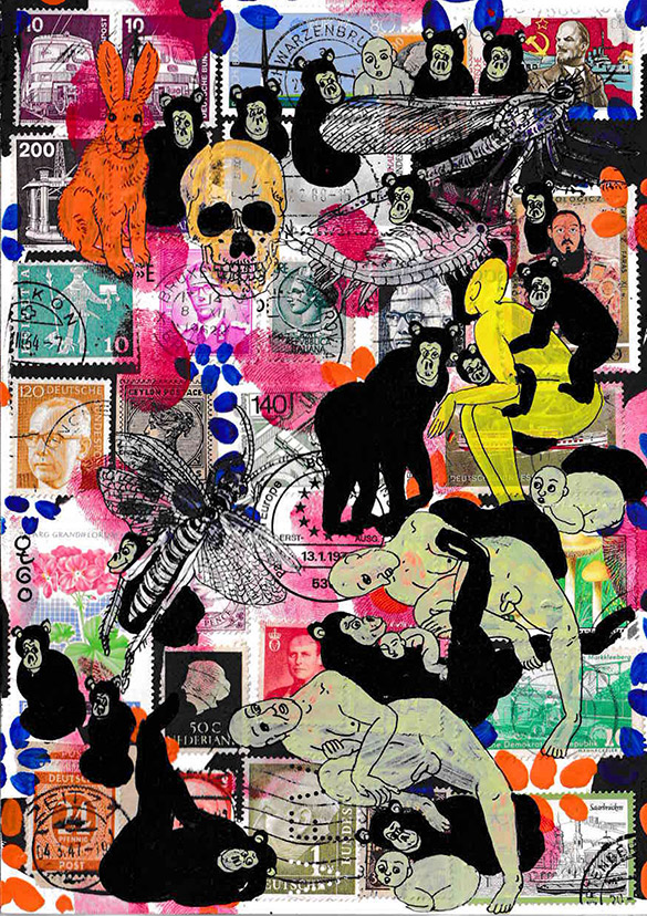 Cabine of Curiosities Apes 22 by OtGO 2024-2025, ink and acryl on original Stamps, 210 x 148  mm (A5)