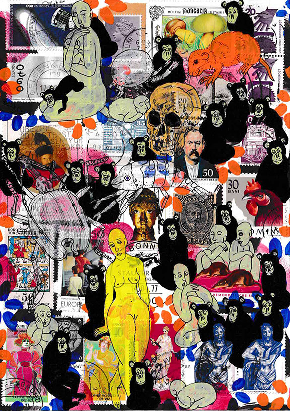 Cabine of Curiosities Apes 1 by OtGO 2024-2025, ink and acryl on original Stamps, 210 x 148  mm (A5)