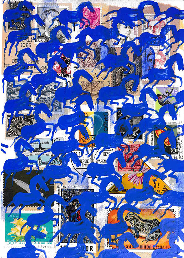 Cabine of Curiosities Memento Horses 1 by OtGO 2024-2025, ink and acryl on original Stamps, 210 x 148  mm (A5)