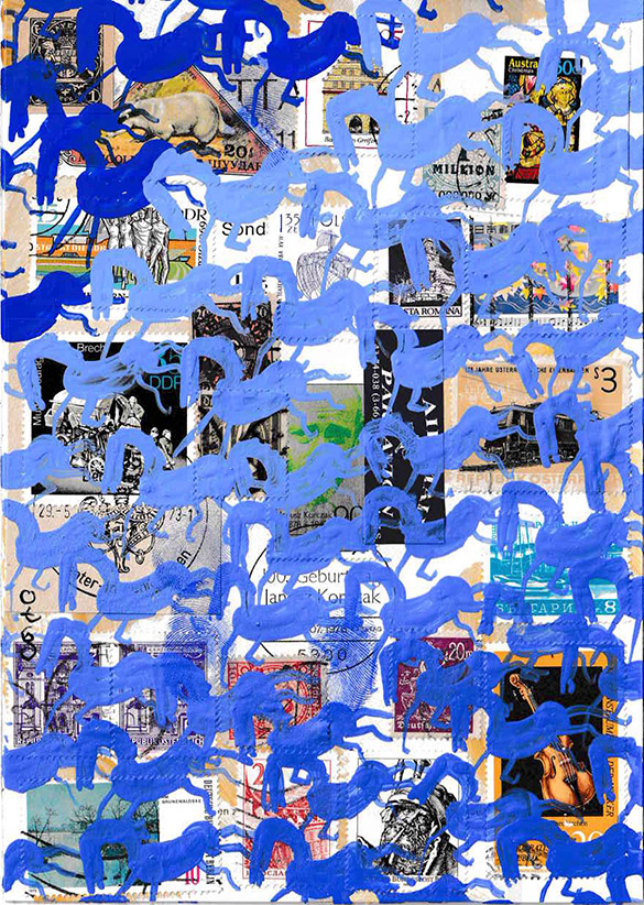 Cabine of Curiosities Memento Horses 13 by OtGO 2024-2025, ink and acryl on original Stamps, 210 x 148  mm (A5)