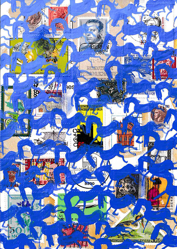 Cabine of Curiosities Memento Horses 14 by OtGO 2024-2025, ink and acryl on original Stamps, 210 x 148  mm (A5)