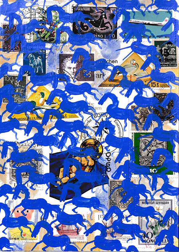 Cabine of Curiosities Memento Horses 15 by OtGO 2024-2025, ink and acryl on original Stamps, 210 x 148  mm (A5)