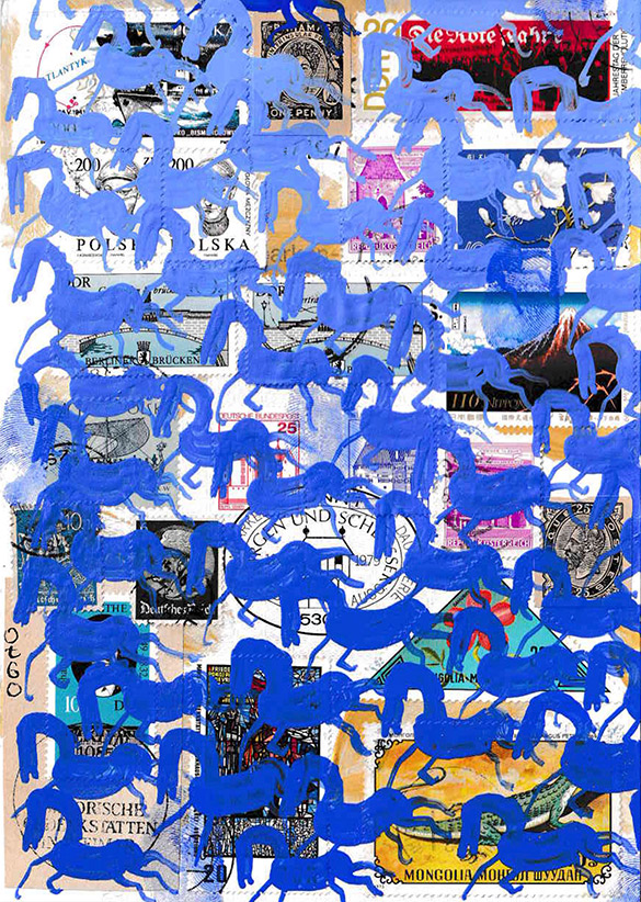 Cabine of Curiosities Memento Horses 17 by OtGO 2024-2025, ink and acryl on original Stamps, 210 x 148  mm (A5)