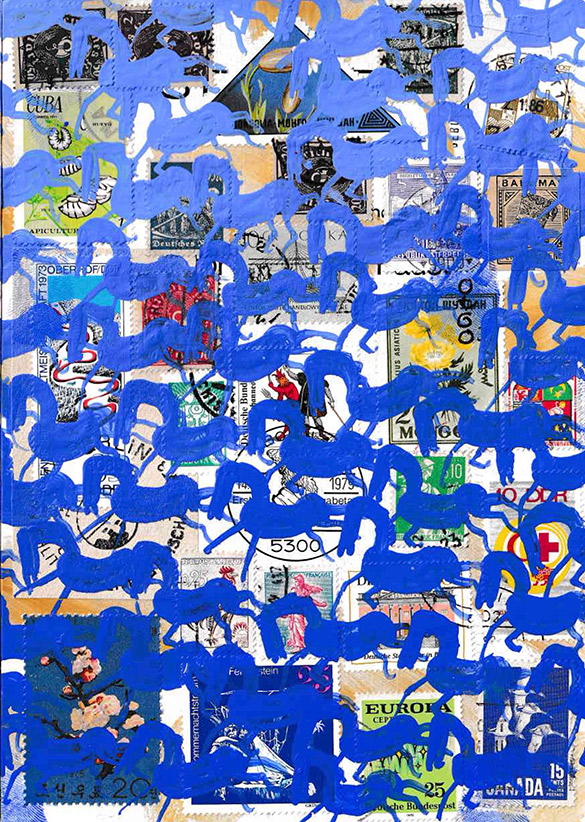 Cabine of Curiosities Memento Horses 18 by OtGO 2024-2025, ink and acryl on original Stamps, 210 x 148  mm (A5)