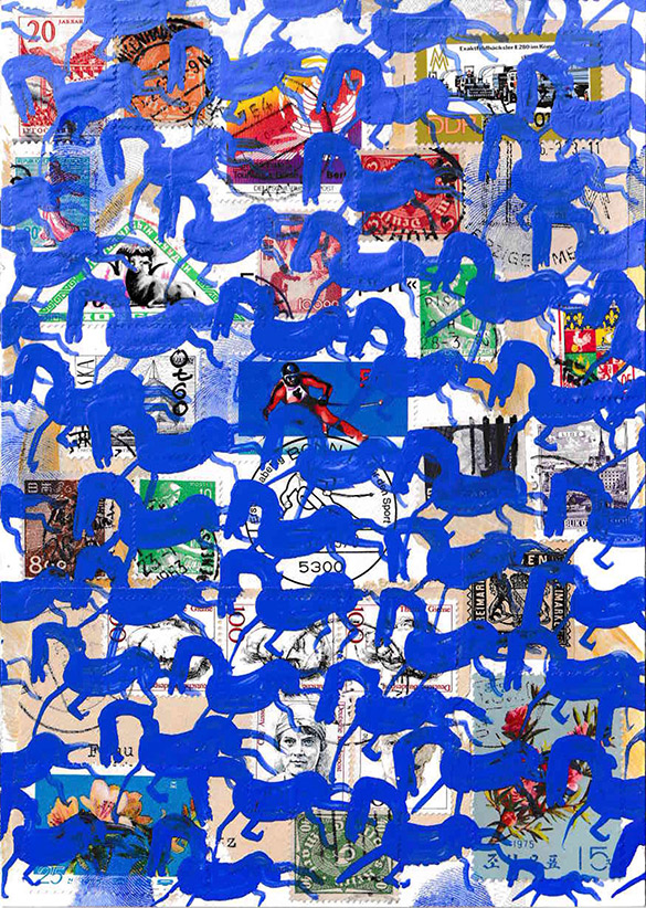 Cabine of Curiosities Memento Horses 19 by OtGO 2024-2025, ink and acryl on original Stamps, 210 x 148  mm (A5)