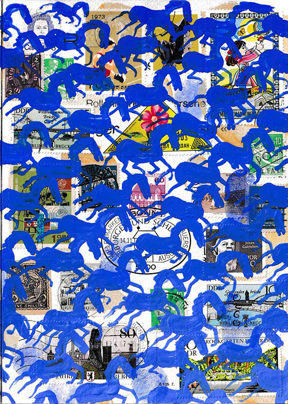 Cabine of Curiosities Memento Horses 2 by OtGO 2024-2025, ink and acryl on original Stamps, 210 x 148  mm (A5)