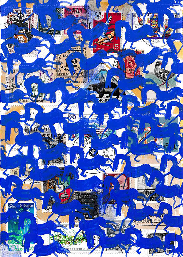 Cabine of Curiosities Memento Horses 21 by OtGO 2024-2025, ink and acryl on original Stamps, 210 x 148  mm (A5)