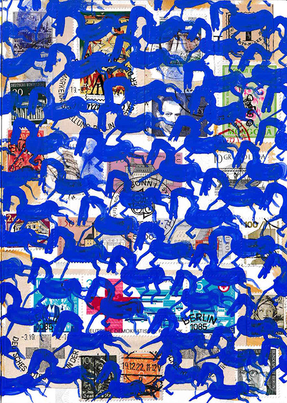 Cabine of Curiosities Memento Horses 22 by OtGO 2024-2025, ink and acryl on original Stamps, 210 x 148  mm (A5)
