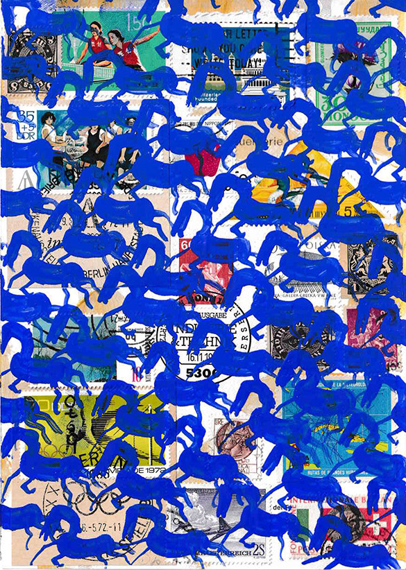 Cabine of Curiosities Memento Horses 23 by OtGO 2024-2025, ink and acryl on original Stamps, 210 x 148  mm (A5)