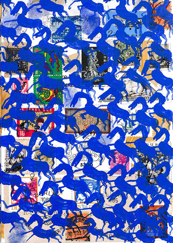 Cabine of Curiosities Memento Horses 24 by OtGO 2024-2025, ink and acryl on original Stamps, 210 x 148  mm (A5)