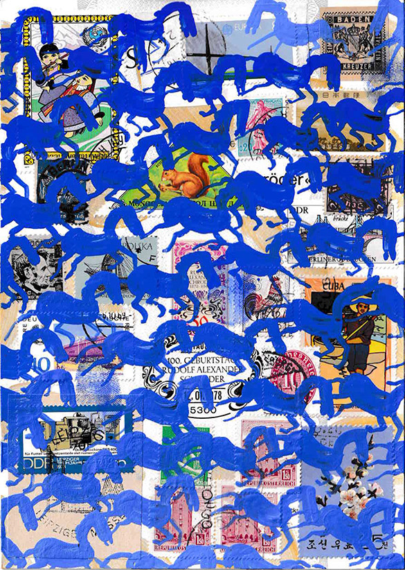 Cabine of Curiosities Memento Horses 3 by OtGO 2024-2025, ink and acryl on original Stamps, 210 x 148  mm (A5)