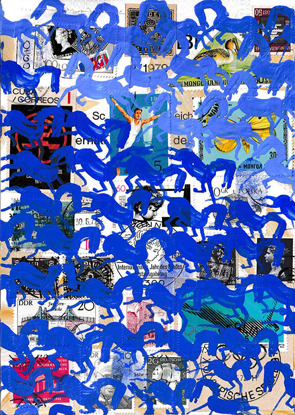Cabine of Curiosities Memento Horses 4 by OtGO 2024-2025, ink and acryl on original Stamps, 210 x 148  mm (A5)