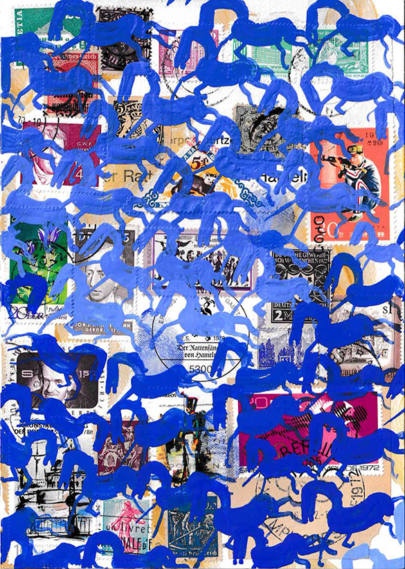 Cabine of Curiosities Memento Horses 5 by OtGO 2024-2025, ink and acryl on original Stamps, 210 x 148  mm (A5)