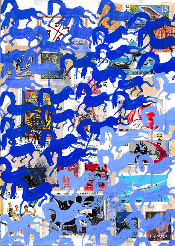 Cabine of Curiosities Memento Horses 6 by OtGO 2024-2025, ink and acryl on original Stamps, 210 x 148  mm (A5)