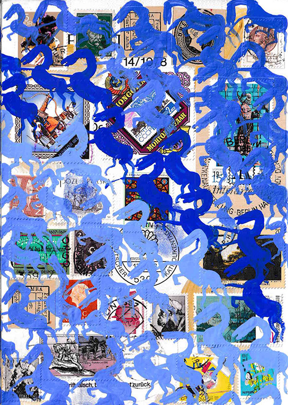 Cabine of Curiosities Memento Horses 8 by OtGO 2024-2025, ink and acryl on original Stamps, 210 x 148  mm (A5)