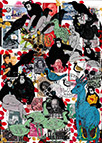 Cabinet of Curiosities Memento Mori: 24 pictures with about 430 stamps by OtGO 2021, consists of 24 equal-sized single paintings, ink and acryl on original Stamps, each measuring 210 by 148 mm (A5)