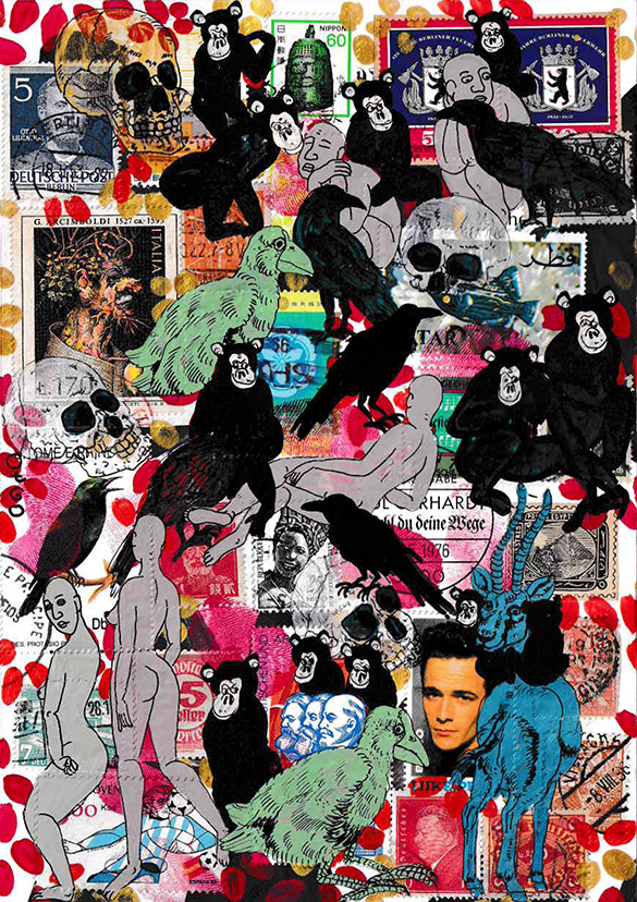 Cabine of Curiosities Memento Mori 1 by OtGO 2024-2025, ink and acryl on original Stamps, 210 x 148  mm (A5)