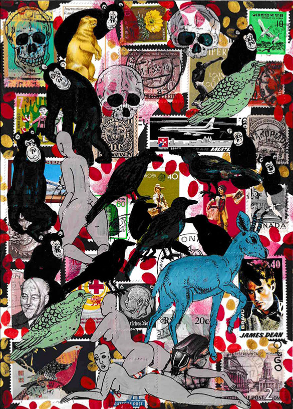Cabine of Curiosities Memento Mori 10 by OtGO 2024-2025, ink and acryl on original Stamps, 210 x 148  mm (A5)