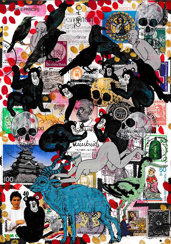 Cabine of Curiosities Memento Mori 15 by OtGO 2024-2025, ink and acryl on original Stamps, 210 x 148  mm (A5)