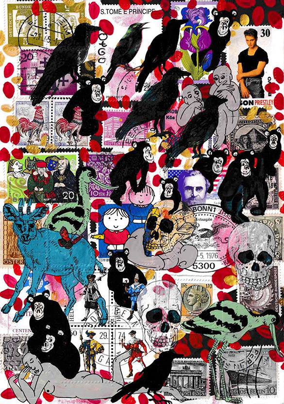 Cabine of Curiosities Memento Mori 17 by OtGO 2024-2025, ink and acryl on original Stamps, 210 x 148  mm (A5)