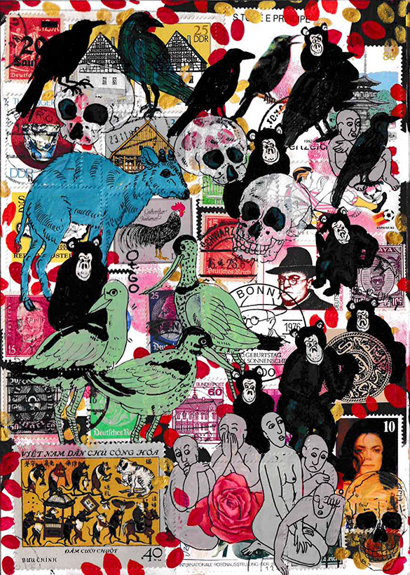 Cabine of Curiosities Memento Mori 18 by OtGO 2024-2025, ink and acryl on original Stamps, 210 x 148  mm (A5)