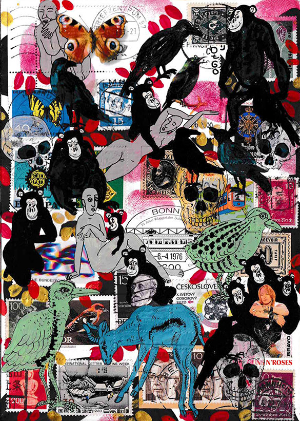 Cabine of Curiosities Memento Mori 2 by OtGO 2024-2025, ink and acryl on original Stamps, 210 x 148  mm (A5)