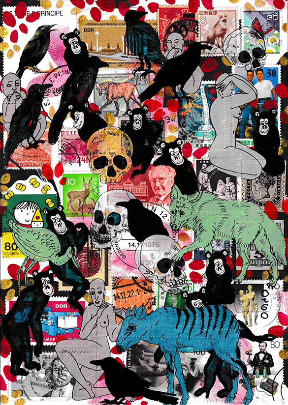 Cabine of Curiosities Memento Mori 21 by OtGO 2024-2025, ink and acryl on original Stamps, 210 x 148  mm (A5)