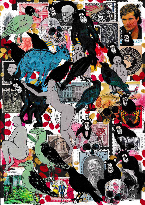 Cabine of Curiosities Memento Mori 22 by OtGO 2024-2025, ink and acryl on original Stamps, 210 x 148  mm (A5)