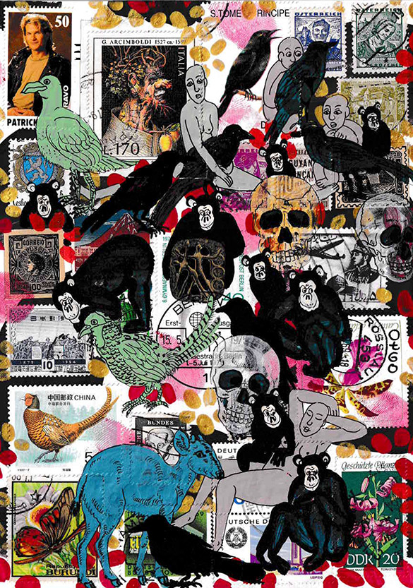 Cabine of Curiosities Memento Mori 23 by OtGO 2024-2025, ink and acryl on original Stamps, 210 x 148  mm (A5)