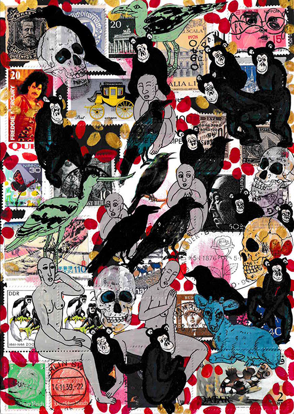Cabine of Curiosities Memento Mori 24 by OtGO 2024-2025, ink and acryl on original Stamps, 210 x 148  mm (A5)