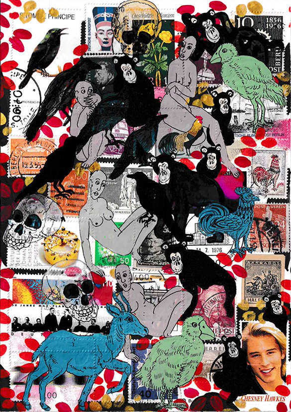 Cabine of Curiosities Memento Mori 4 by OtGO 2024-2025, ink and acryl on original Stamps, 210 x 148  mm (A5)