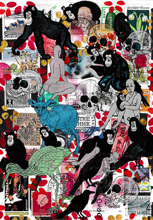 Cabine of Curiosities Memento Mori 5 by OtGO 2024-2025, ink and acryl on original Stamps, 210 x 148  mm (A5)