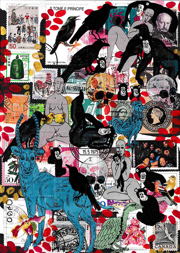 Cabine of Curiosities Memento Mori 6 by OtGO 2024-2025, ink and acryl on original Stamps, 210 x 148  mm (A5)
