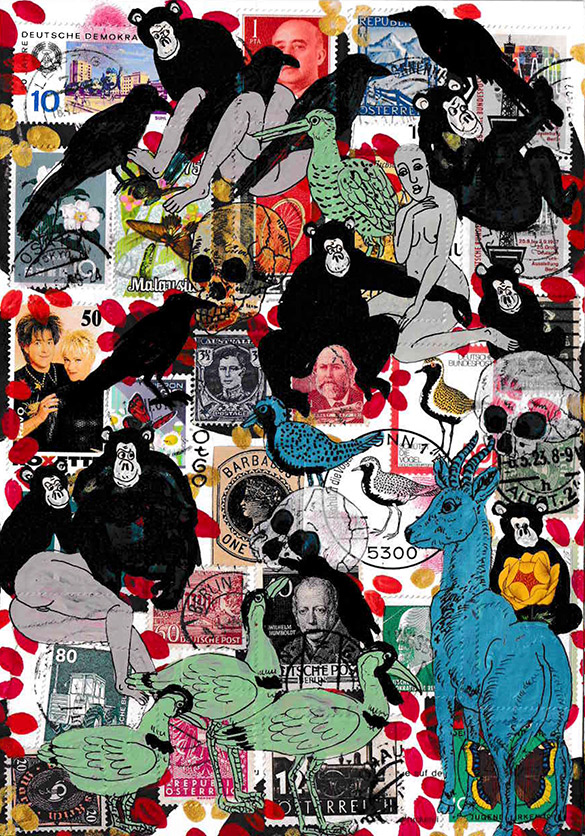 Cabine of Curiosities Memento Mori 7 by OtGO 2024-2025, ink and acryl on original Stamps, 210 x 148  mm (A5)