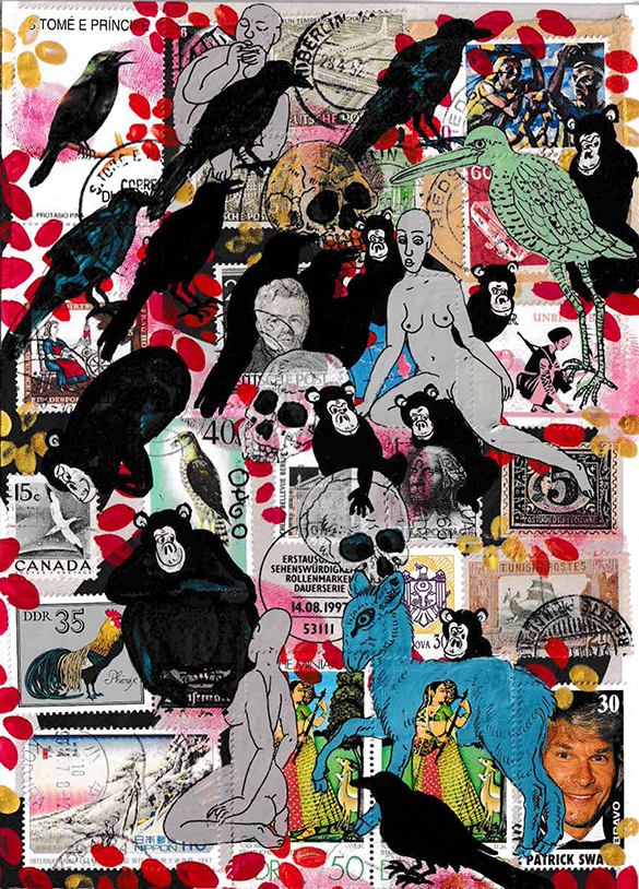 Cabine of Curiosities Memento Mori 8 by OtGO 2024-2025, ink and acryl on original Stamps, 210 x 148  mm (A5)