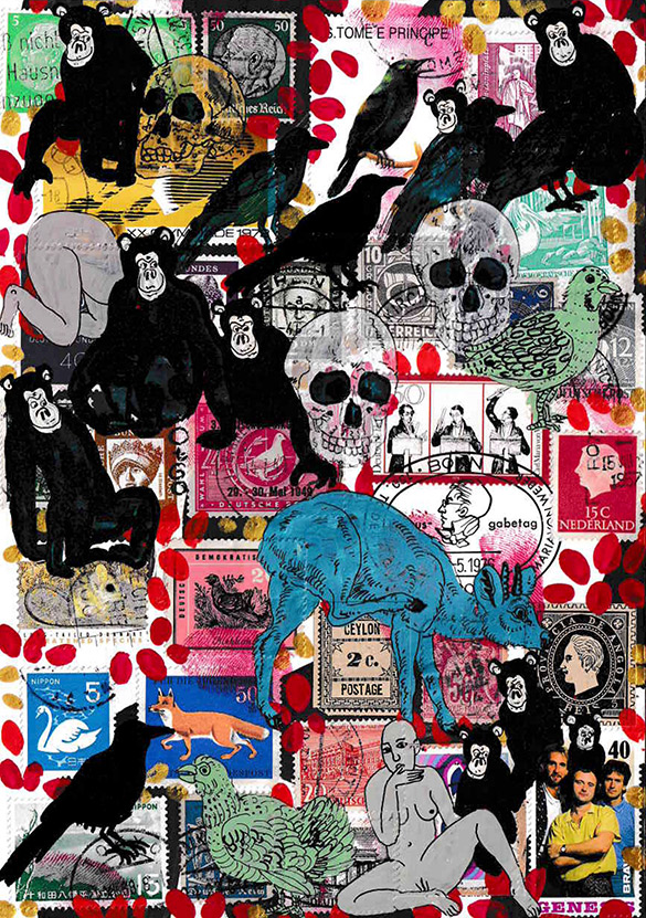 Cabine of Curiosities Memento Mori 9 by OtGO 2024-2025, ink and acryl on original Stamps, 210 x 148  mm (A5)
