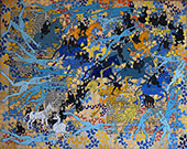 elget Guruus: Unicorn -2/12 by OtGO 1747-2025, ink and acryl on original paper from 1747. consists of 12 equal-sized single paintings 69 x 250 cm. each measuring 34,5 x 42,5 cm